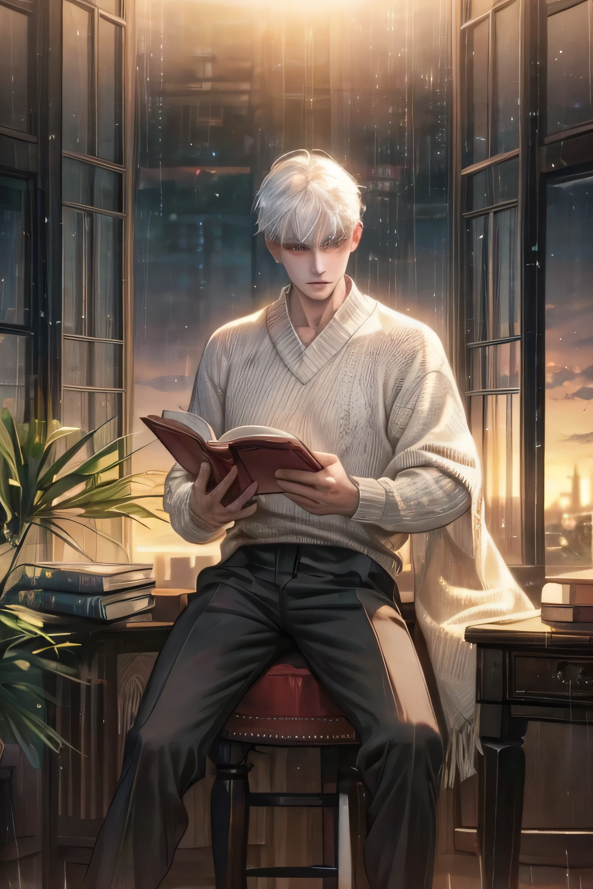 ((Best Quality)), ((Masterpiece)), (detailed), white-haired man wearing a sweater and pants sitting at a desk with a book on a rainy sunset