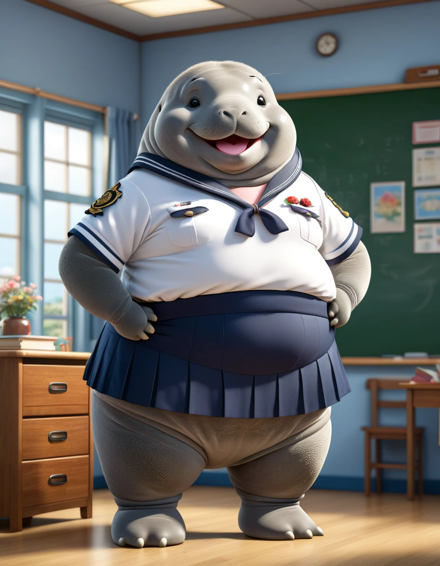 photorealistic portrait of Dressed animals-a ((fat)) ((manatee)) student,(furry), (elegant pose:1.5), (hands on hips:1.5),(smile:1.5),high quality,(),(lovely) ,intricate details, Wearing Japanese sailor uniform , (short skirt), highly detailed ((female sailor uniform)) ,highly detailed clothes, high sox , (happy), soft lighting,(full body image:2.0),in classroom background,clouds,score_9, score_8_up, score_7_up, score_6_up, score_5_up, score_4_up,