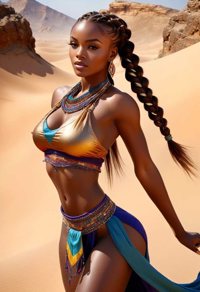 Beautiful young African woman with arms outstretched towards the sky, desert princess, Incredibly beautiful, Hall々And, tolerance, Muscular, Six Pack Abs, Hair braided in a flowing ponytail, Revealing and elegant clothing, Loose stole, Ornate Gemstones, looking at the camera, Sandy landscape, Fantasy, ether, dream-like, Dramatic lighting, Vibrant colors, Exquisite detail, (Highest quality, 4K, 8K, High resolution, masterpiece:1.2), Super detailed, (Realistic, photoRealistic, photoRealistic:1.37), Vibrant colors, High resolution, Studio Lighting, Physically Based Rendering, Concept Art,sandstone