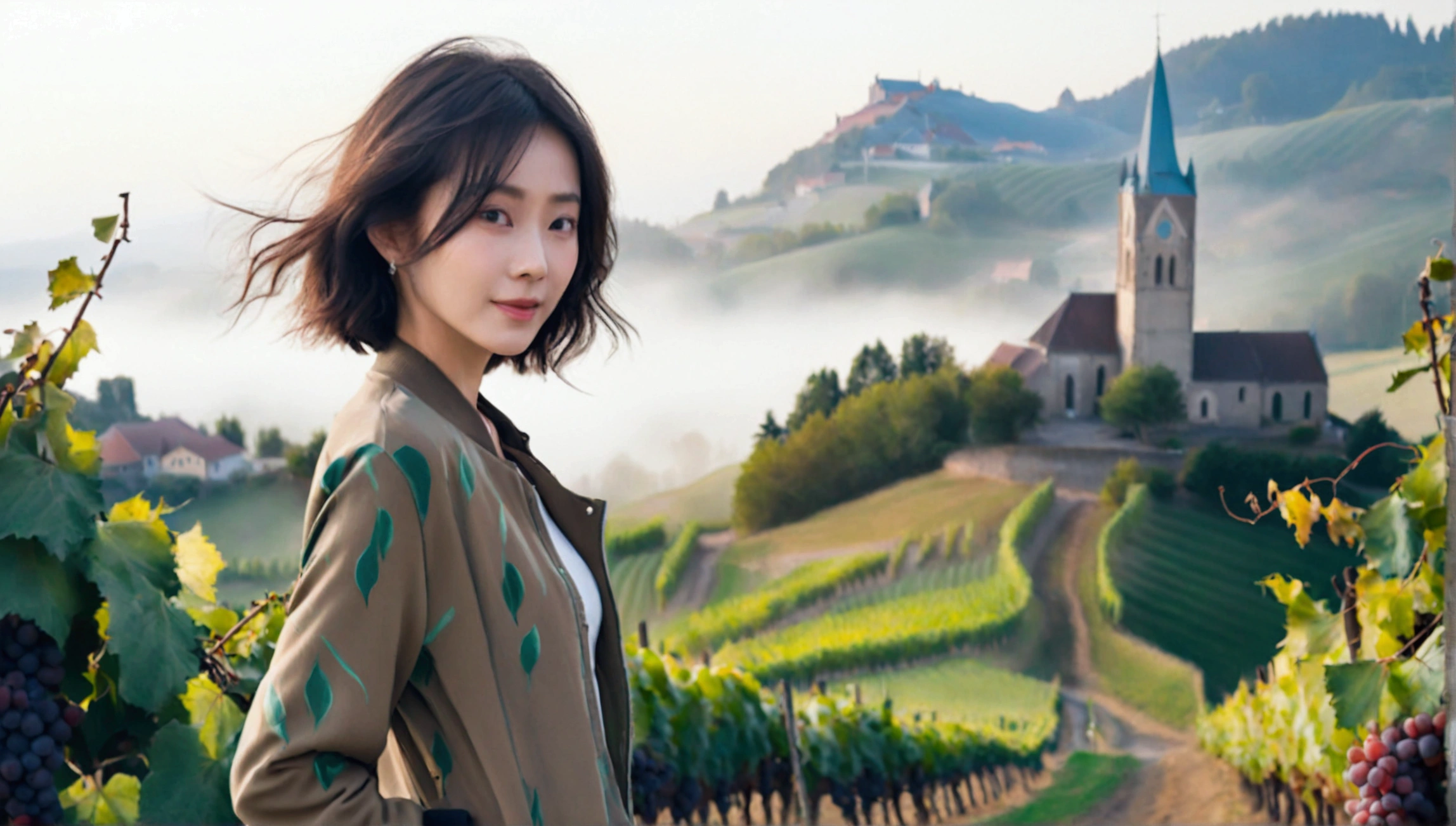 Woman in a beautiful landscape 8K highest quality, Beautiful 36-year-old Korean woman, Chest size 34 inches, Passing through the vineyards in the Swiss countryside, the cathedral is visible through the early morning fog., The back background is realistic and vivid image quality, short medium hair, Casual and British - (summer jacket) ,Perfect and realistic photos, The background is realistic. Full body shot with Canon camera 16-35 wide angle lens, expressionless, Walking up a vineyard hill covered in thick fog., Walking towards the front camera