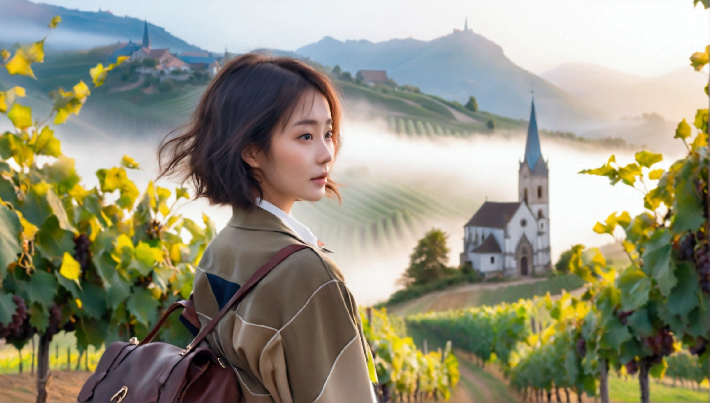 Woman in a beautiful landscape 8K highest quality, Beautiful 36-year-old Korean woman, Chest size 34 inches, Passing through the vineyards in the Swiss countryside, the cathedral is visible through the early morning fog., The back background is realistic and vivid image quality, short medium hair, Casual and British - (summer jacket) ,Perfect and realistic photos, The background is realistic. Full body shot with Canon camera 16-35 wide angle lens, expressionless, Walking up a vineyard hill covered in thick fog., Walking towards the front camera