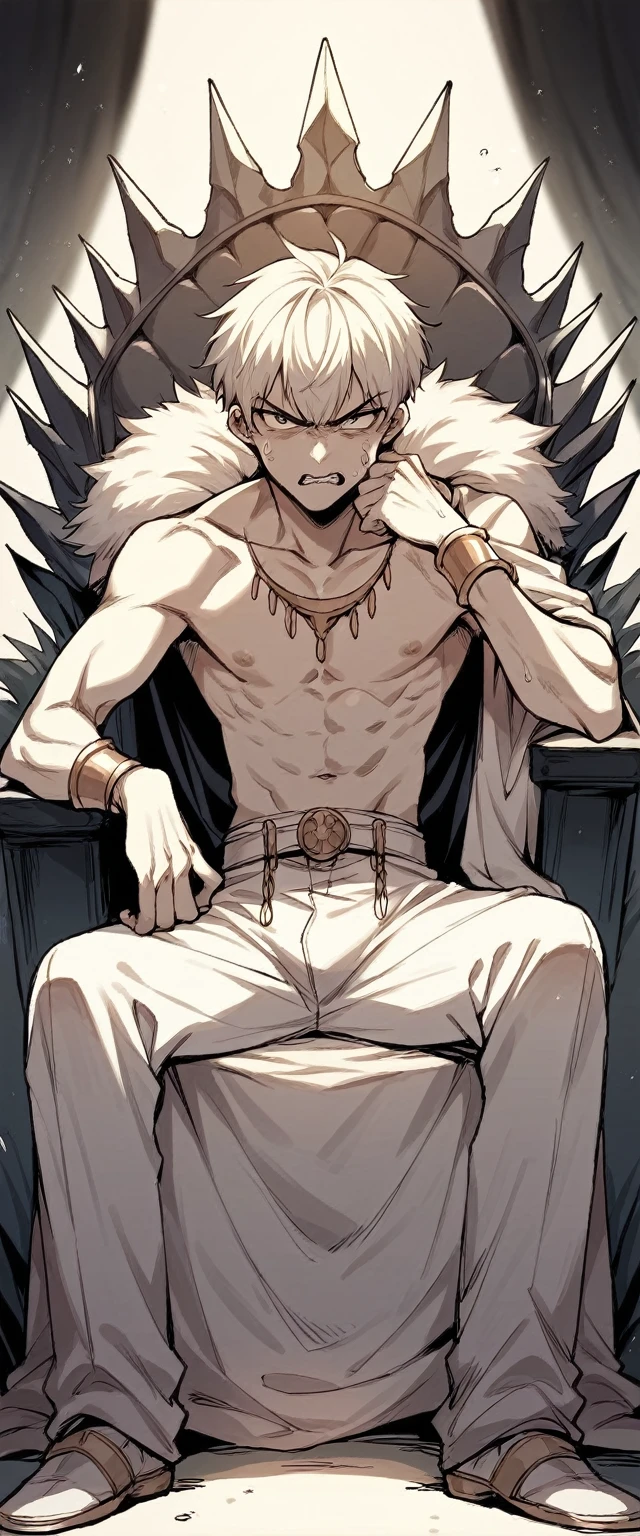 a very skinny white boy with short hair, his body is thin and he is only wearing white underwear he is sitting on a throne with an angry face mannga line art