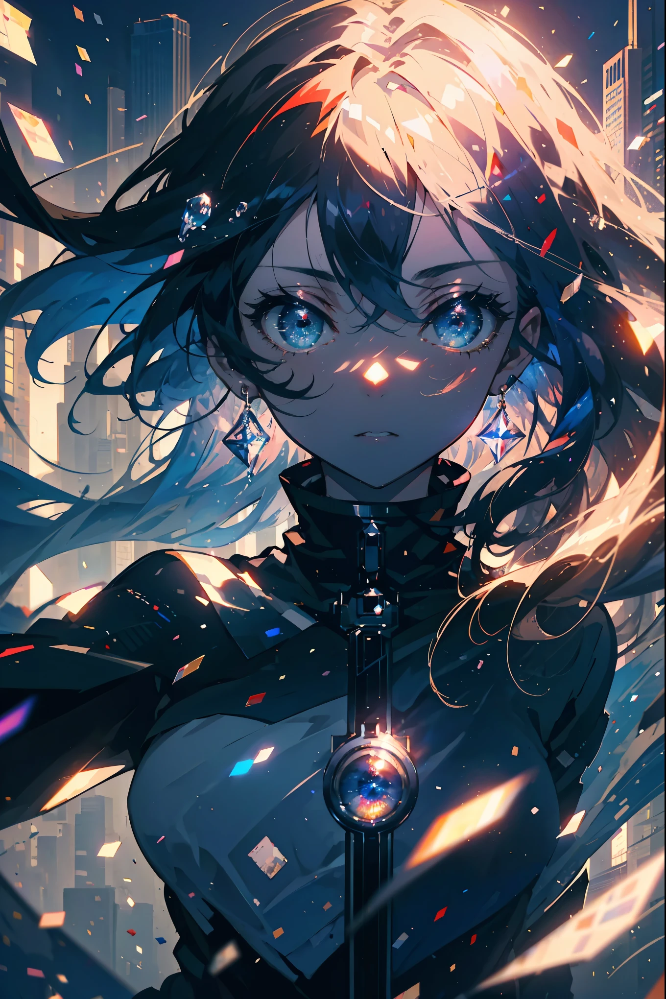 (High quality art,anime,Super detailed),(Best Quality,4K,8K,High resolution,masterpiece:1.2),Beautifully detailed lips,Highly detailed eyes and face,Black Hair,Bright Eyes, blue eyes, (Eye details:1.3), Are standing,Cityscape、whole body