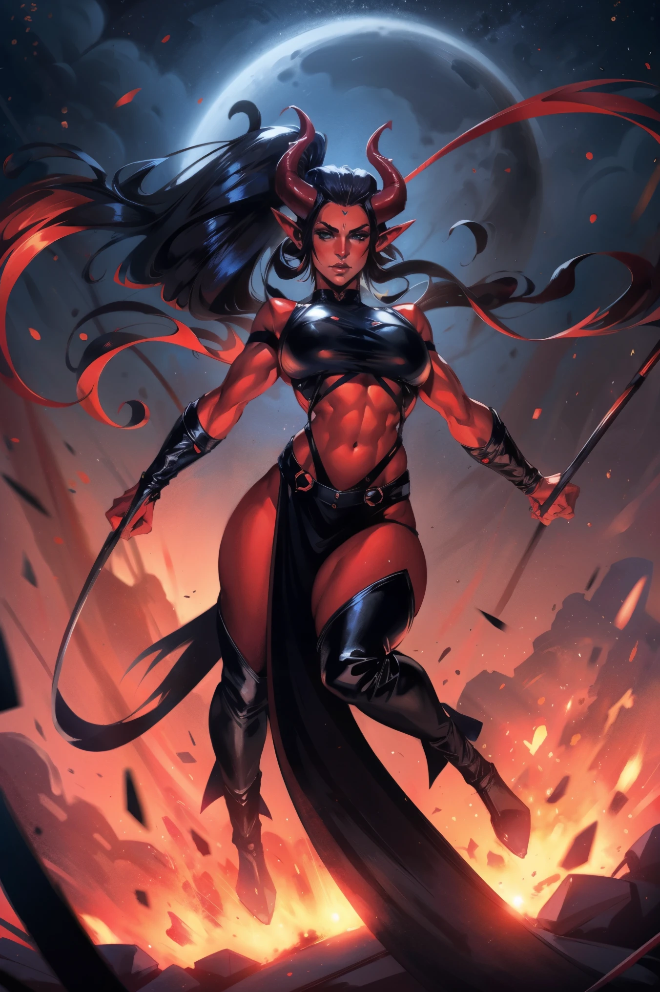 Red skin succubus tiefling, medium breasts, black horns, wings, huge tail, black leather, crop top, long flowing pelvic curtain, tall, toned, graceful, thin, long black ponytail. Action scene, whip. Dark scene, explosions, night sky.