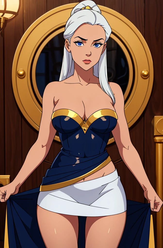 , white-haired , navy blue eyes, wearing a skirt with gold details, wearing a strapless gold leather dress up to the navel, very small breasts, and a very big ass.