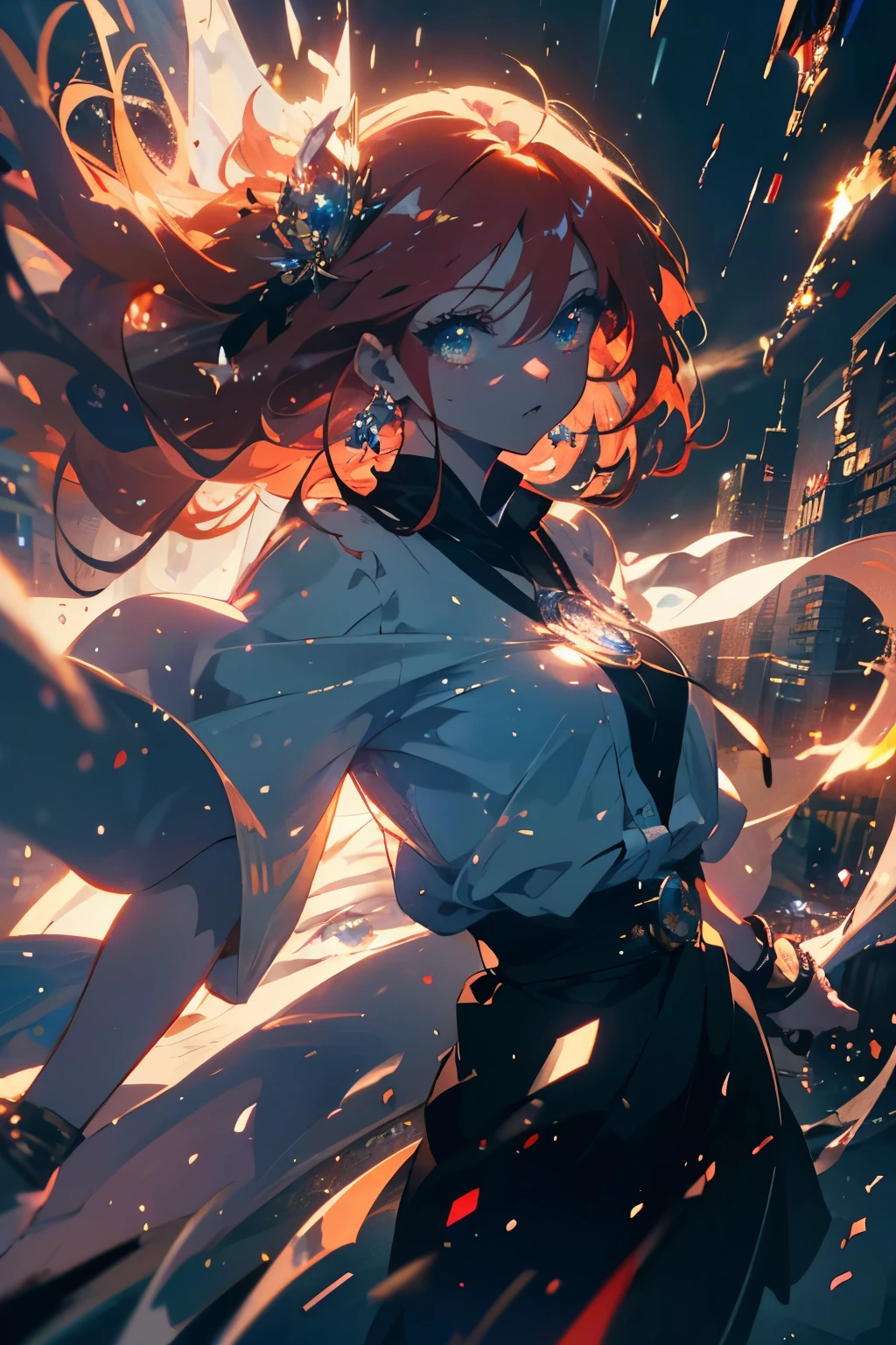 (High quality art,anime,Super detailed),(Best Quality,4K,8K,High resolution,masterpiece:1.2),Beautifully detailed lips,Highly detailed eyes and face,Redhead,Bright Eyes, blue eyes, (Eye details:1.3), Are standing,Cityscape、whole body