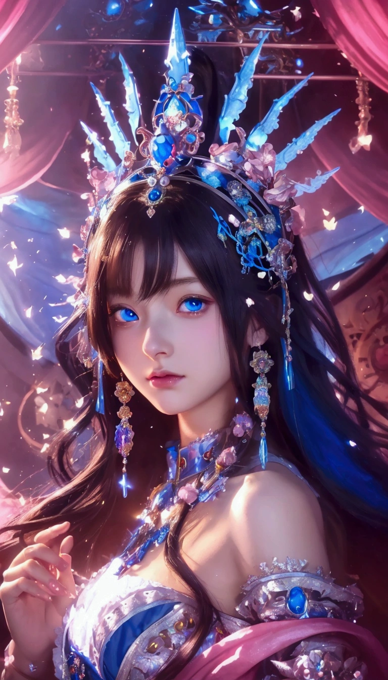 Anime girl with blue eyes and a crown on her head, artwork in the style of Gwaiz, art gelm. Anime illustration, Detailed digital anime art, Gwaiz, 8k high quality detailed art, Beautiful Fantasy Empress, Alphonse Mucha and Rosdrose, Anime fantasy illustration, Alice x. open, extremely detailed art gelm, Fantasy art style