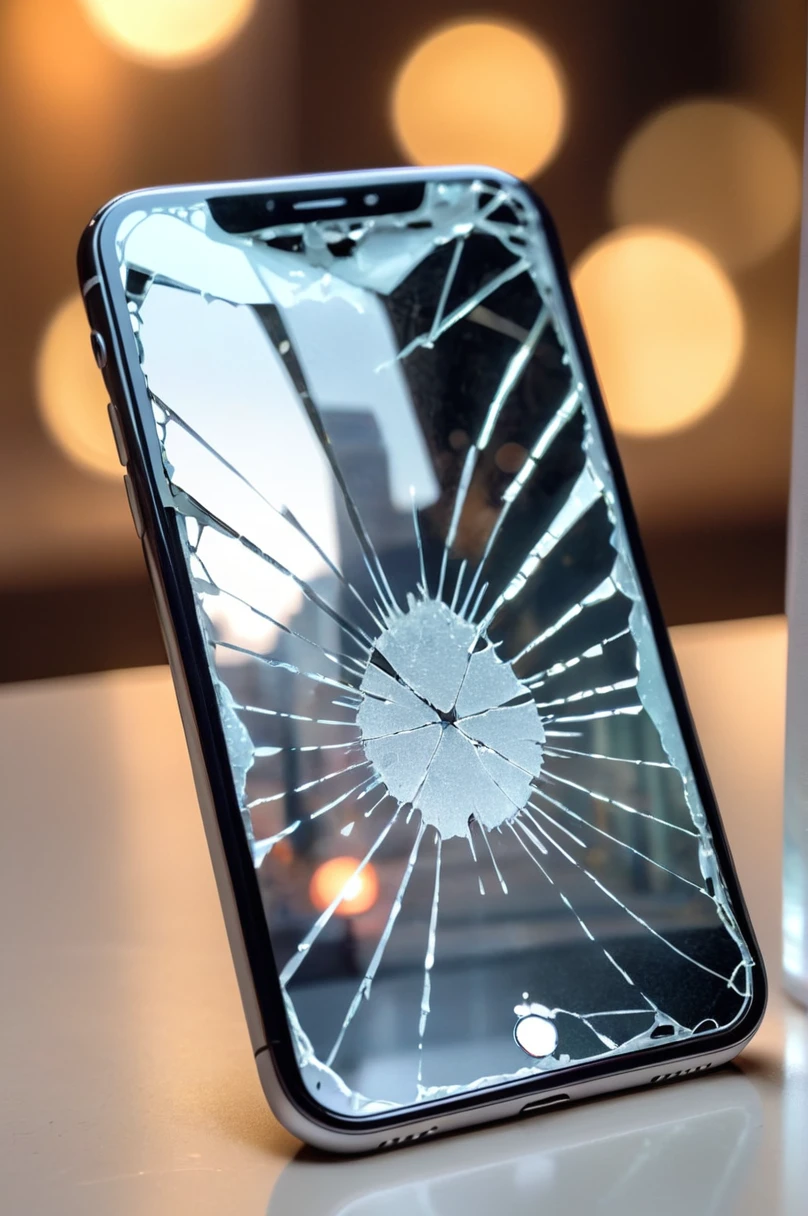 photo, showing an iPhone with the front glass broken, with a very realistic design, no background, pov, bokeh