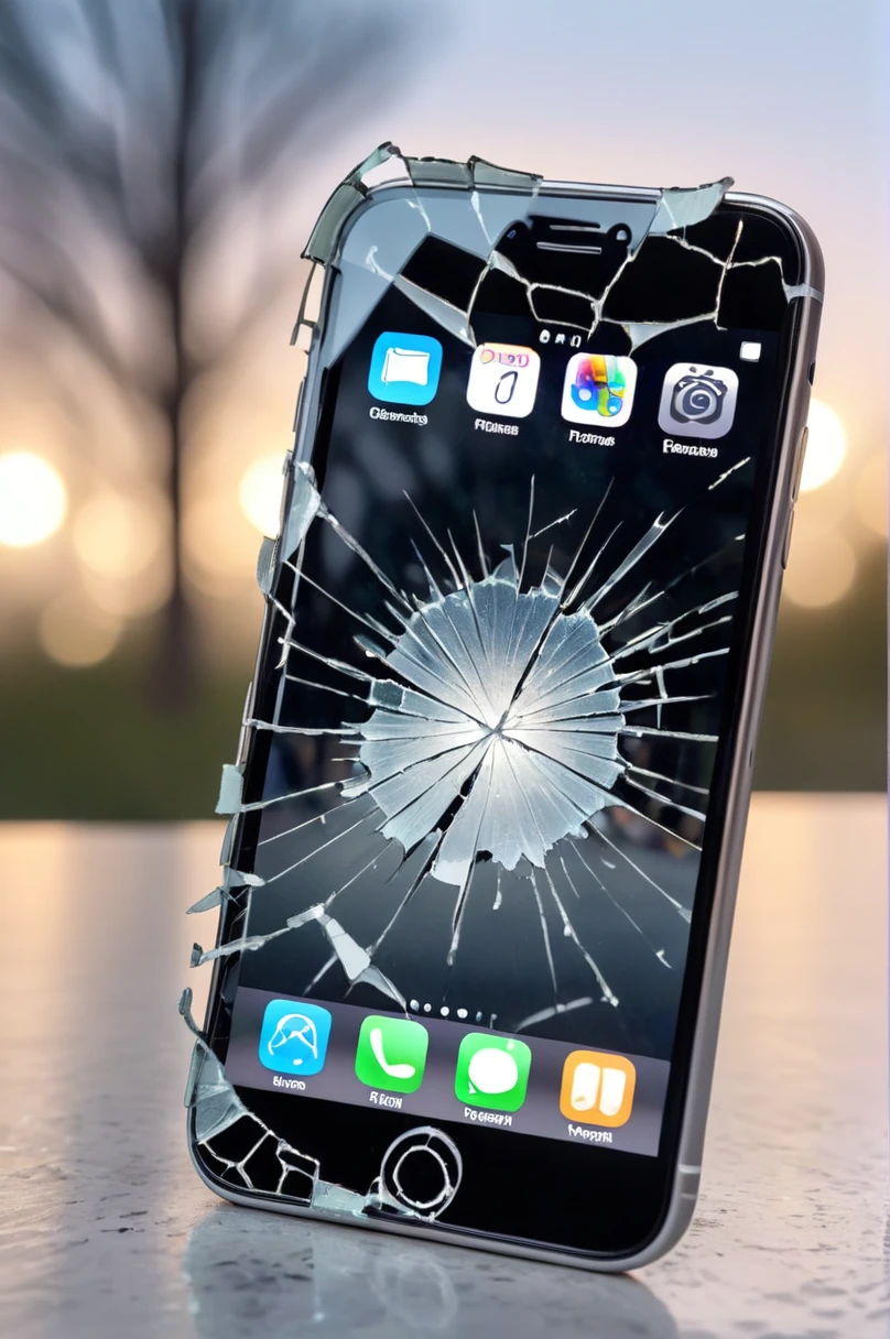 photo, showing an iPhone with the front glass broken, with a very realistic design, no background, pov, bokeh