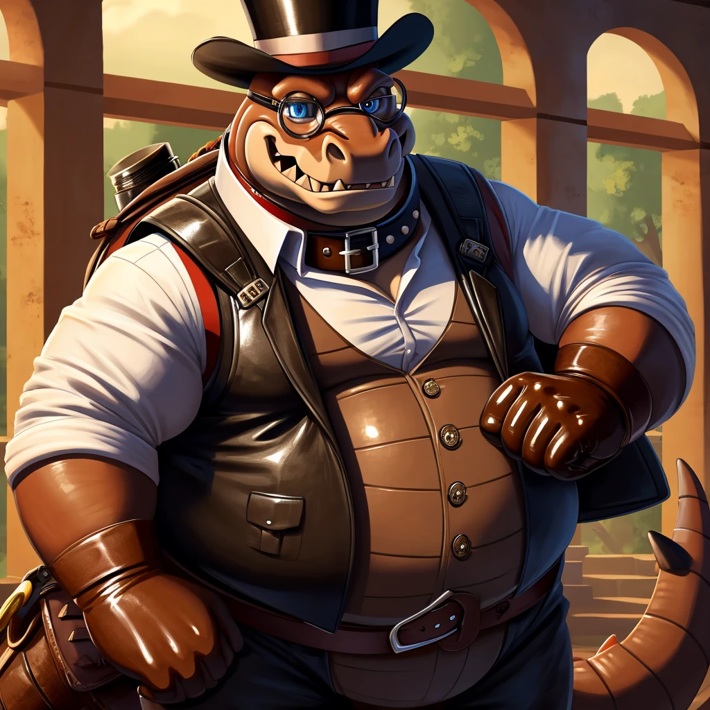 Solo, Male, fat, extremely obese, gentleman, dapper Professor Dingodile, blue eyes, (posing:1.3), (soft shading), 4k, hi res, ((detailed face, detailed)), looking at viewer, mouth wide open, steampunk, collared shirt with buttons, top hat, male focus, Explorer Outfit, glasses, monocle, bag, vest with buttons, backpack, sleeves rolled up, round eyewear, brown headwear, brown vest, Dingodile is wearing a glossy leather dog collar around the neck, Dingodile is wearing the leather collar and shirt and vest at the same time, Dingodile is wearing glossy white rubber gloves on the hands, wearing white rubber gloves on the feet, gloves are rubber in texture, clenching teeth, clenching fists, leather collar is glossy and shiny with a lot of detail, Dingodile is wearing gloves and leather collar at the same time, leather collar has a round dog-tag, leather collar is thick and detailed.