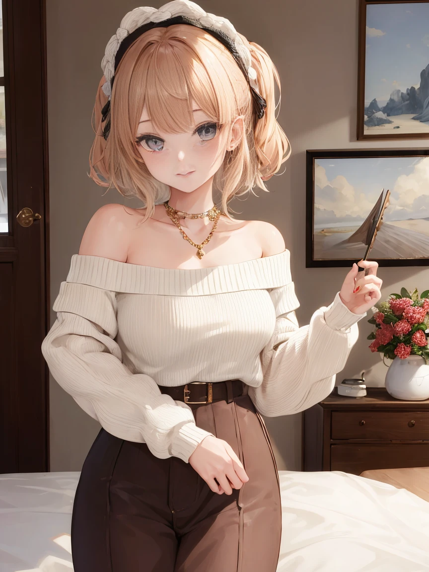((Highest quality)), ((masterpiece)), (detailed), One girl, Off-the-shoulder sweater, Silver Hair,((Golden Eyes)),Expressionless,Black Skirt,((Brown skin:1.6))