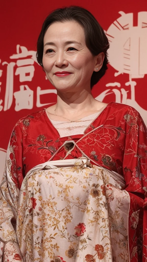 Standing in front of a gaudy wall, Kawase Hasui, Face close-up, Japanese painting, senior citizen, Draw lips correctly, Red lipstick, No discomfort, 16K, Highest quality, Very detailed, Realistic, Very detailed肌, (Japanese), (alone), 100 years old, Large Breasts, Mature female politician, Glamour, sexy, Chromo White Skin, Staring straight ahead,