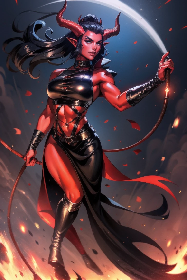 Red skin succubus tiefling, medium breasts, black horns, wings, huge tail, black leather, crop top, long flowing pelvic curtain, tall, toned, graceful, thin, long black ponytail. Action scene, whip. Dark scene, explosions, night sky.