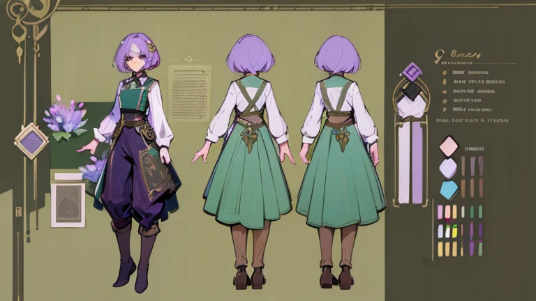 (Masterpiece, best quality), detailed, 1 gardener woman, ((character concept art)), ((character design sheet, reference sheet, same character, front, side, back)), full body, body complete, 1 gardener female, 1 gardener women. Character design sheet full body, Highly detailed, character sheet, character design, Many parts, pale skin, green eyes, short purple hair, male hairstyle, short male hair, lavender flower, lavender flower reference, lavender flower character reference, lavender flower inspired, flat chest, pants, Ecofashion, Ecopunk, Ecology, Earthy clothing, gardening clothing, gardening, garden, Solarpunk, Solarpunk reference, Solarpunk inspired, cottagecore aesthetic, cottagecore, pants, gold details, pastel purple, green and brown color palette for the clothes.