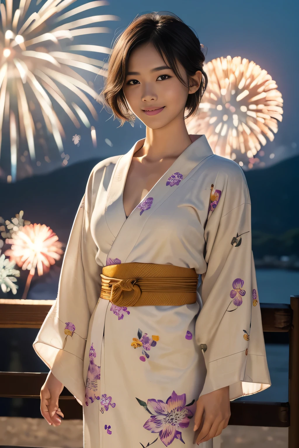 masterpiece, best quality, ultra quality, high quality, realistic, photo realistic, warm lighting,natural lighting,cinematic lighting,RAW photo, hyper detailed, intricate detailed, perfect anatomy, Fujifilm XT3,(cowboy shot),1 woman, Japanese beautiful woman,babyface,(brown very short Bobcut hairy over one eye,
((wearing flower patterned yukata, obi)),(small breasts:1.2),(slender body:1.2),sweaty, closed mouth, tan skin,sunburn tanline,smile,brown eyes,looking at viewer,(park),(night),((fireworks)), (medium shot),from head to knee shot,standing,
