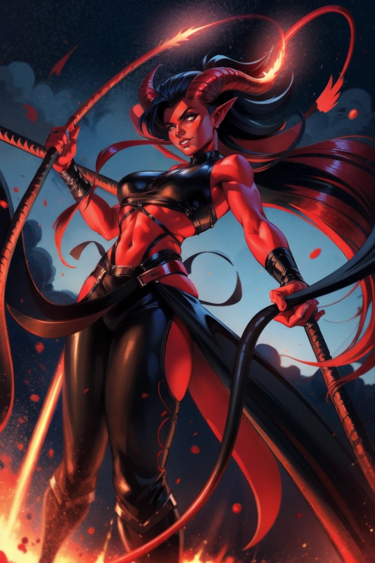 Red skin succubus tiefling, medium breasts, black horns, wings, huge tail, black leather, crop top, long flowing pelvic curtain, tall, toned, graceful, thin, long black ponytail. Action scene, whip. Dark scene, explosions, night sky.