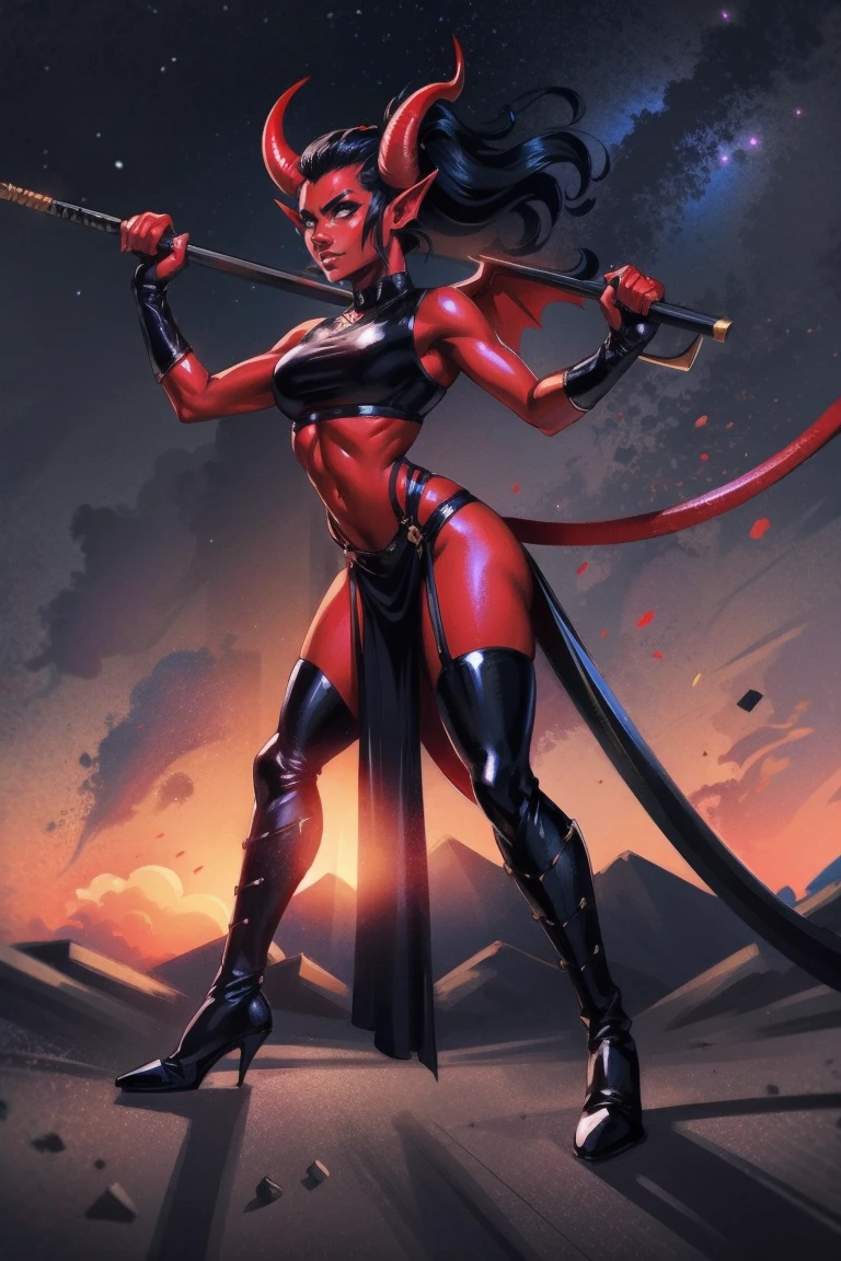 Red skin succubus tiefling, medium breasts, black horns, wings, huge tail, black leather, crop top, long flowing pelvic curtain, tall, toned, graceful, thin, long black ponytail. Action scene, whip. Dark scene, explosions, night sky.