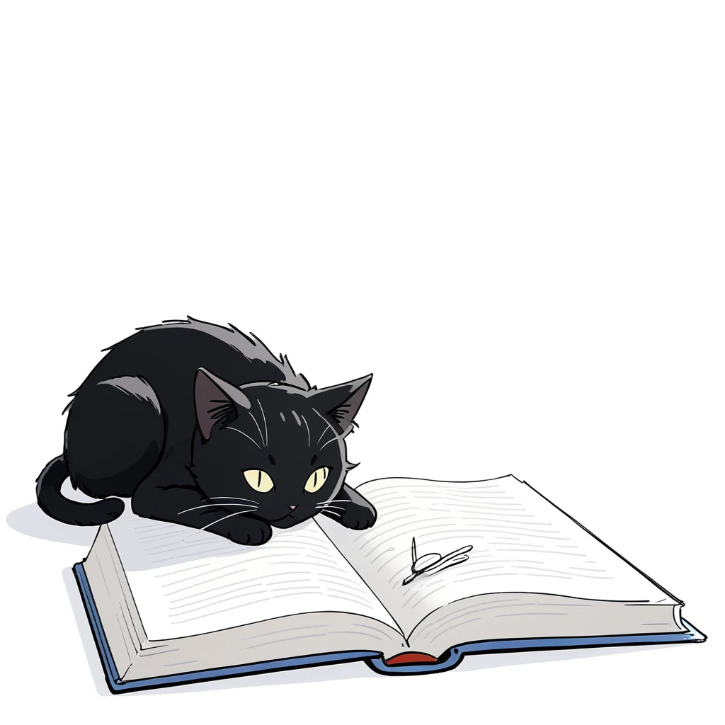 1 black cat lie down on the book,simple,(white background:1.4),doodle,scribble,minimalism,pale lighting