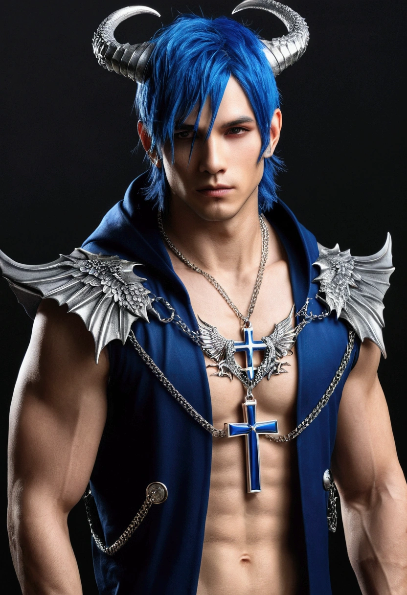 ((best qualityer)), ((work of art)), (detailded),
homen, black and blue hair, best qualityerr,open chest vest, blue and black clothes, Dragon Wings, black cloth on face, silver cross chain on neck, black hood with blue horns 