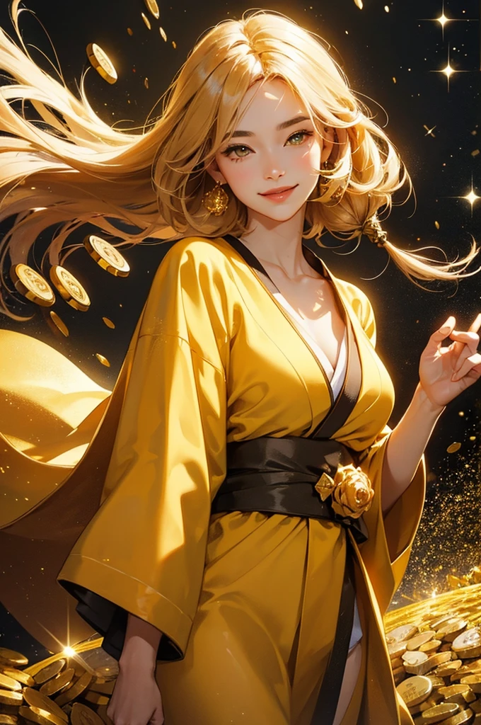 A beautiful woman in a gold kimono smiles against the backdrop of a mountain of gold nuggets, gold coins, and gold dust sparkling in the air.