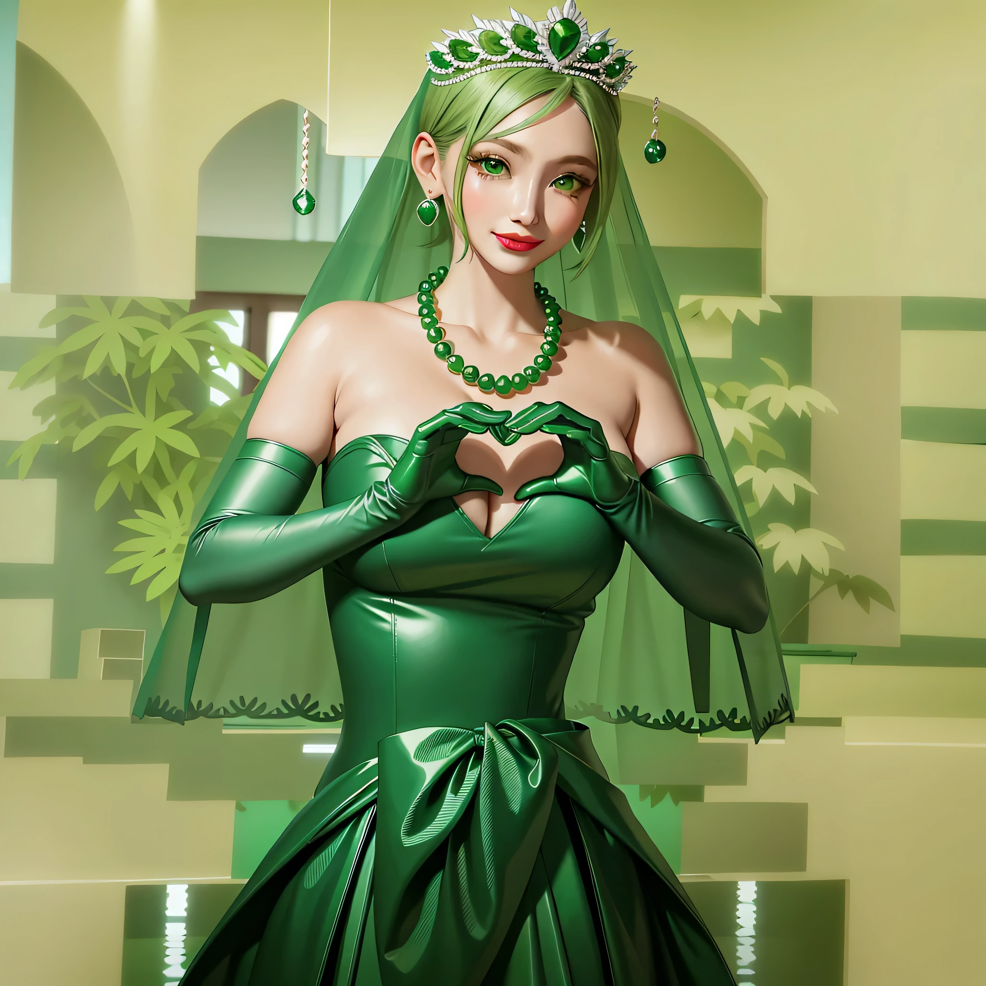 emerald tiara, Green Pearl Necklace, Boyish very short green hair, Green Lips, Smiling Japanese woman, Very short hair, Busty beautiful lady, Green Eyes, Green satin long gloves, Green Eyes, Emerald Earrings, Green veil, Heart with both hands, Green Hair, Beautiful Japanese Woman, Heart shaped hands:1.3, green lip gloss