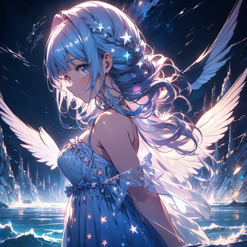 starの妖精、cute、Fairy Wings、視聴者に向かってfrontの絵、Highest quality、Masterpiece、Official Art、The best dynamic composition、star、universe、流star群、 One girl, alone, dress, water遊び, star \(symbol\), Long Hair, Skirt Hold, water, white dress, Bare shoulders, null, night, Shine, blue eyes, Are standing, profile, Bare arms, Shine, Strapless, Braiding, star \(null\), Strapless dress, Outdoor, night null, kejidengguang、background：Neon geometric patterns、front、