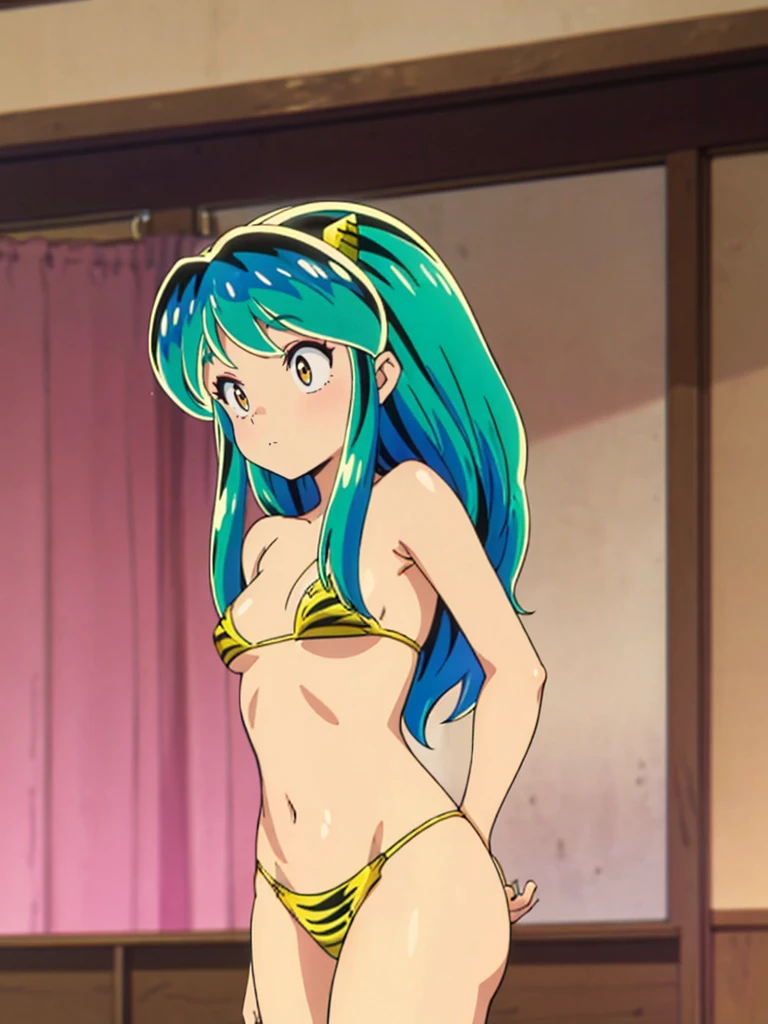 Tabletop, Highest quality, Ultra-high resolution, Highest quality, Anime Style, Alien Girl, They are, 17 years old, Attractive girl, Long Green Hair, Yellow horn, Ram, Ram_Bikini, Yellow tabby bikini, A carefree smile, Animated facial expressions, Face Focus, close