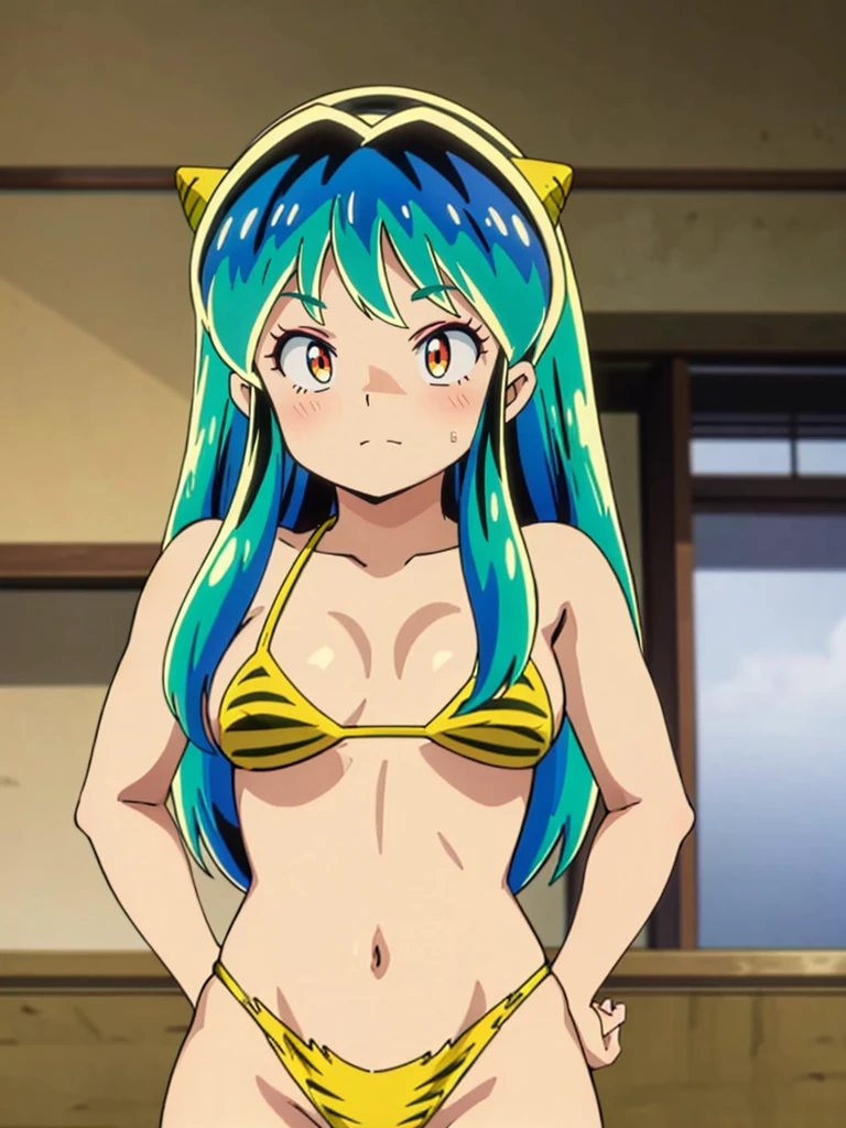 masterpiece, Highest quality, 1 Girl, Lum, Micro Bikini, Japan, High definition, 1980s anime style, nose blush, mature, 18-year-old, looking away, looking down, come to stand at attention, view from front, green hair, light smile