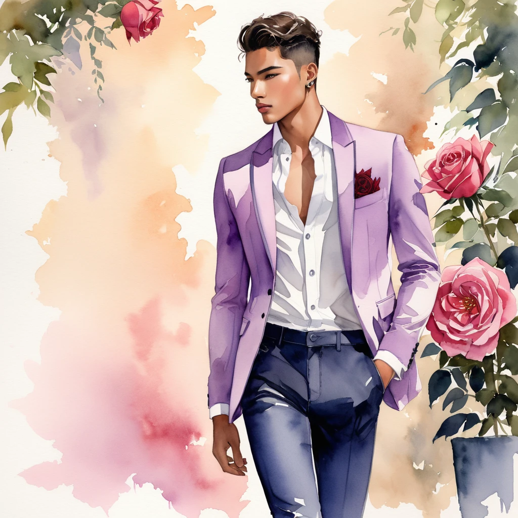 candid fashion illustration of young Mixed race 2man, both aged 18-23 year old, ((showcase fashion look book)), the design inspired by Lucifer Rose by KAWAMOTO Rose Garden, Depict Lucifer as a charismatic and sophisticated figure dressed in a casual yet elegant light purple outfit. He is a striking presence with an air of mystery and intelligence. He wears a well-fitted, light purple blazer over a white shirt, with dark jeans and stylish shoes. His demeanor is confident and charming, with a subtle hint of his divine origins in his calm and intense gaze. The background should be a modern, urban setting with a blend of sophistication and casualness, Captured in a low angle, ((full-body image)), ((Lucifer roses plant background)), fashion sketching, realistic drawing, ((imperfect water color drawing background)), fashion look book, fashion illustrator, fashion sketch design, gay, gay couple,