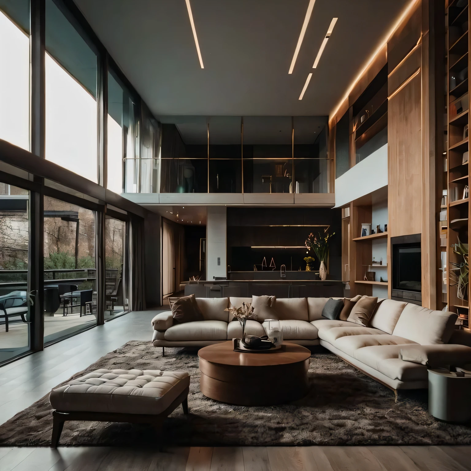 a view of a living room with a couch, ottoman, and coffee table, with backdrop of natural light, moody ambiance, luxurious indoor setting, dark and beige atmosphere, modern living room, dimly lit interior room, modern interior design, living room vibe, beige and dark atmosphere, dark interior, living room, luxurious environment, interior architecture view, luxury condo interior