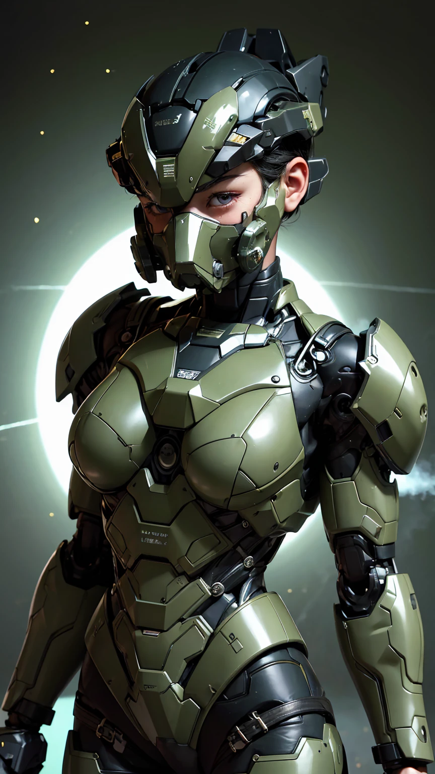 最high quality非常に詳細, Advanced Details, high quality, 最high quality, High resolution, 1080P, hard disk, beautiful,(War Machine),(Snug-fitting headgear),See the big picture,beautifulサイボーグ女性,Dark Green Mecha Cyborg Girl,Battle Mode,Mecha Body Girl　8k dark green body armor　Elementary school girl　Sweaty face　Droopy eyes　short hair　Gas mask with extension nozzle　boyish　Steam coming out of my head　My hair is wet with sweat　Black Hair, Steam coming out of the mouth　Lie in bed with no exposed skin　