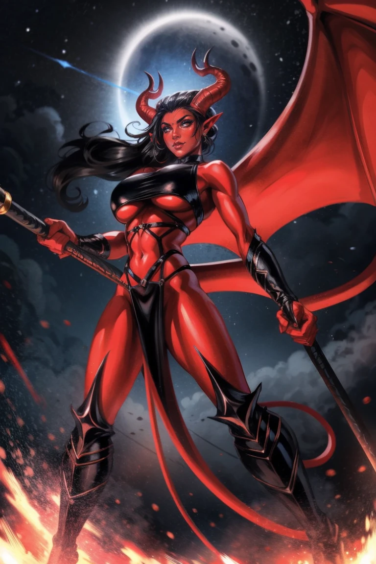 Red skin succubus tiefling, medium breasts, black horns, wings, huge tail, black leather, crop top, long flowing pelvic curtain, tall, toned, graceful, thin, long black ponytail. Action scene, whip. Dark scene, explosions, night sky.