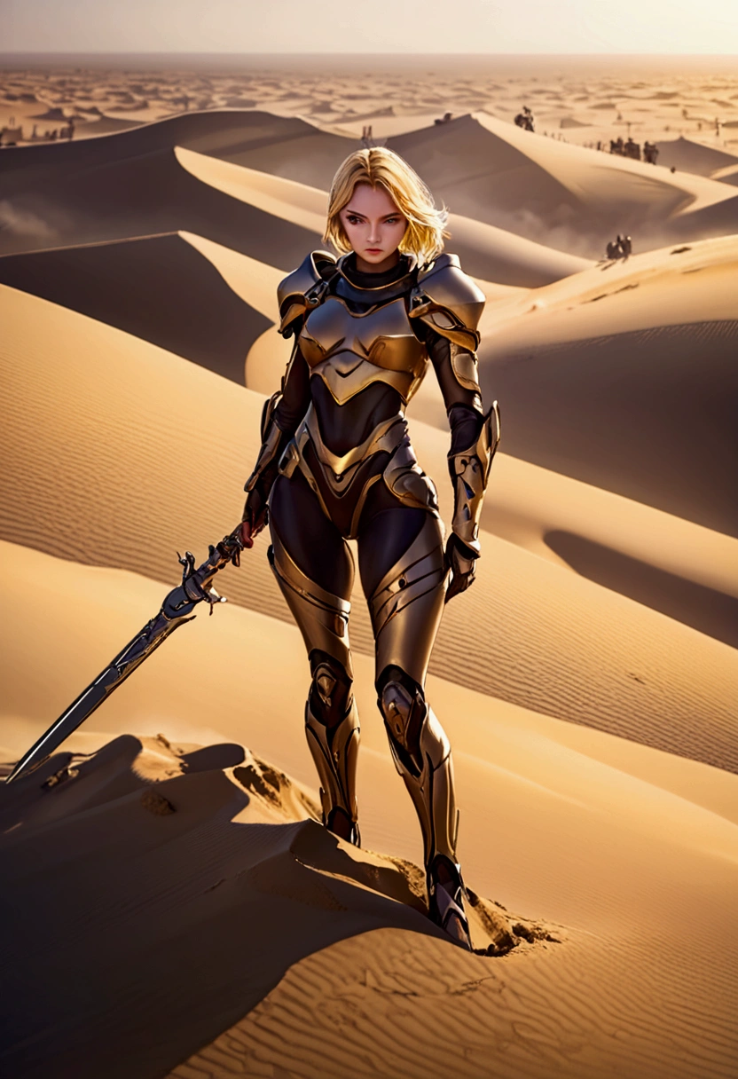 a beautiful woman with blonde hair wearing a sci-fi dune stillsuit, standing on top of a sand dune holding a dagger, 100s of tribal rebels watching her, cinematic lighting, hyper realistic, dramatic, intricate details, volumetric fog, warm color palette, epic scale, dramatic posing, chiaroscuro lighting, highly detailed, masterpiece, best quality, 8k