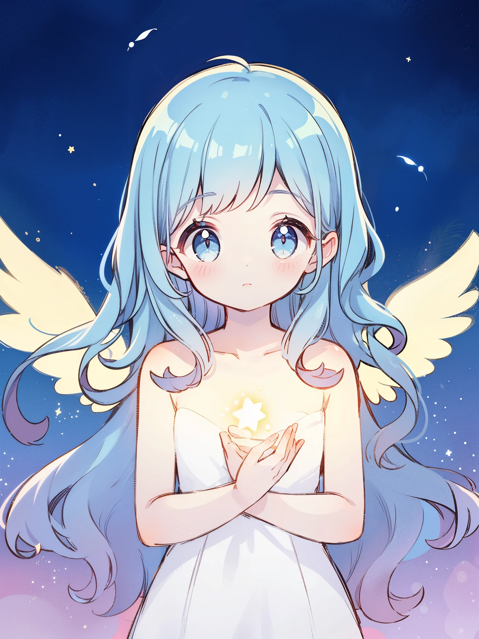 nude angel girl wearing an ethereal translucent dress, pale skin, ((blue mint wavy hair)), white feathers, angel wings, sparkling detailed eyes, golden ratio face, perfect composition, highly detailed, ethereal, (starry night sky background), midjourney style