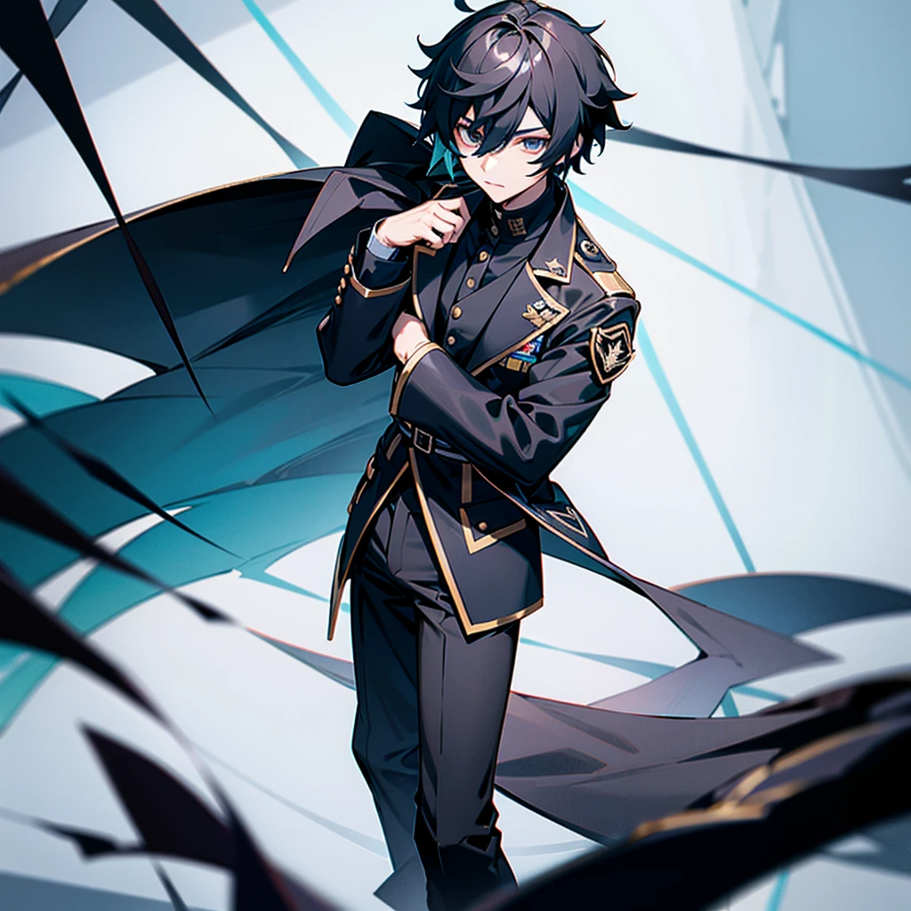 recreate Tartaglia from Genshin Impact wearing a black jacket, black shirt, military pants and black boots