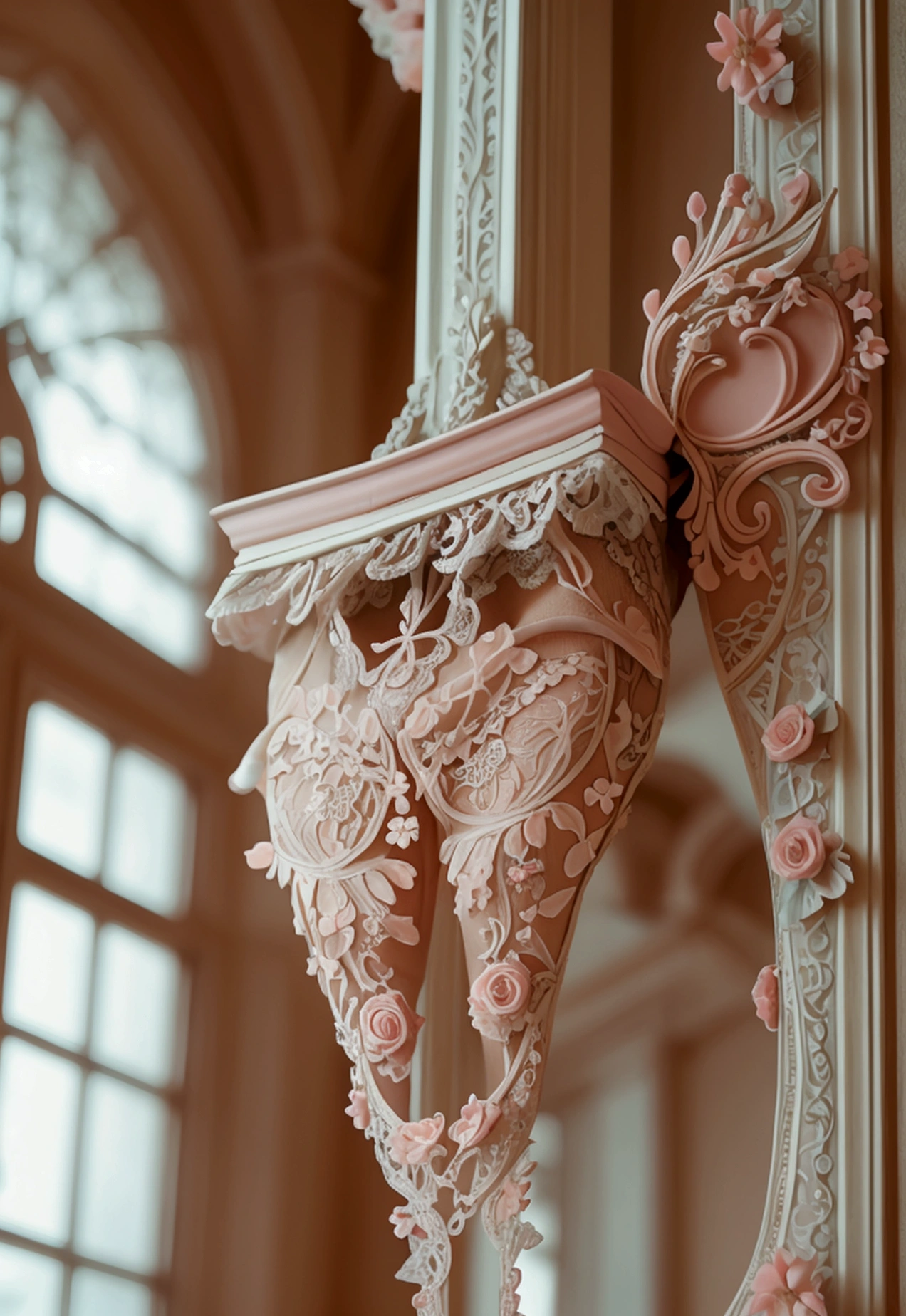 Realistic, full shot, perfect body, arafed (masterpiece:1.2, best quality), (intricate details), 8k wallpaper, (Jessica Simpson:0.7) (Kate upton:0.4), ultra detailed, (pastel colors:1.2), (lace), elaborate panties, beautiful and aesthetic, detailed, Victorian mansion, from below
