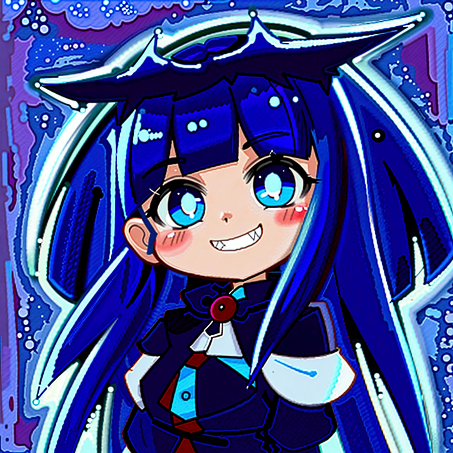 Close-up of a cartoon character with blue hair and blue outfit, anime moe artstyle, 2D anime style, [[[[grinning evilly]]]], , cel - shaded art style, I&#39;ll do fanart too, nasty grin, hero 2d fanart art, chibi, vampire