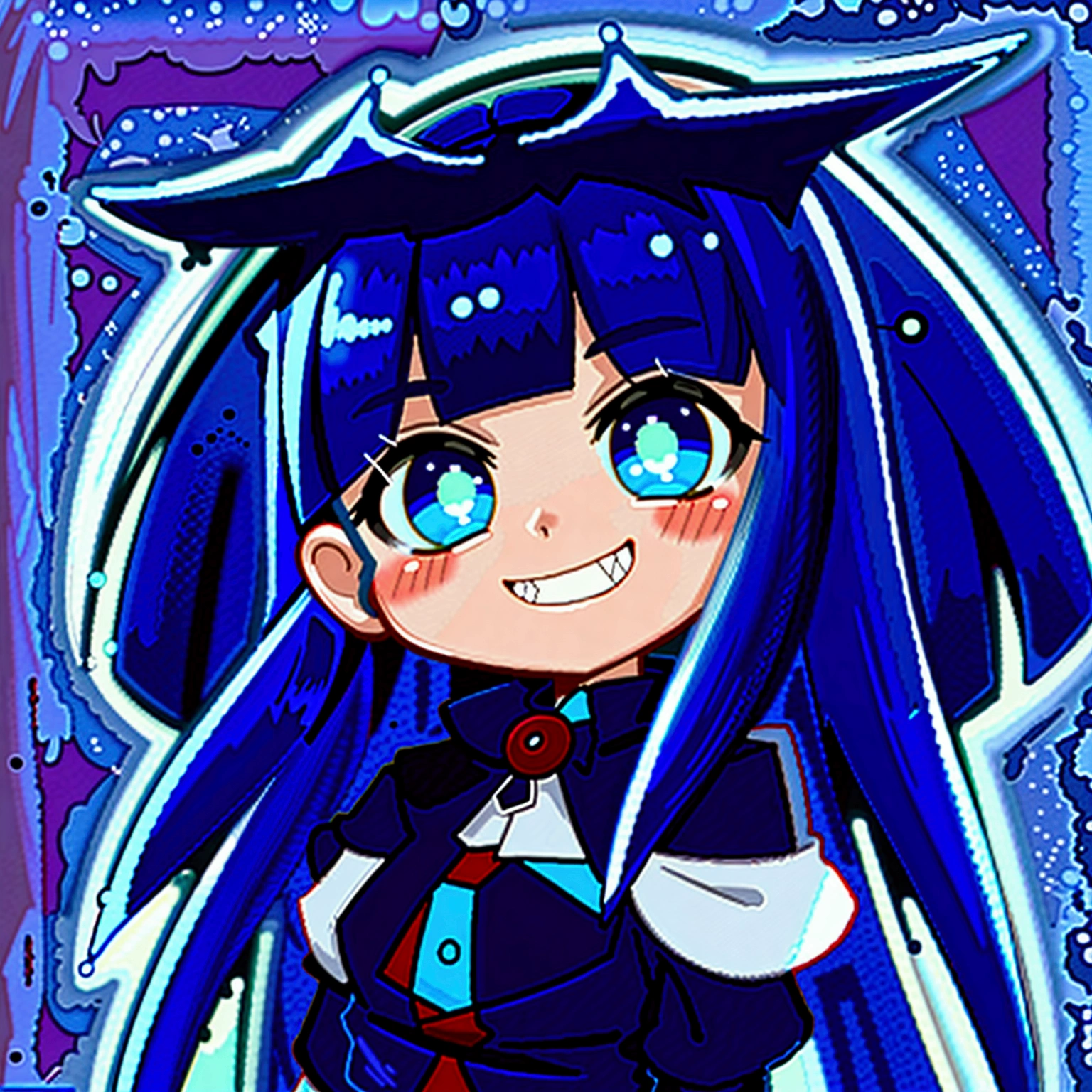 Close-up of a cartoon character with blue hair and blue outfit, anime moe artstyle, 2D anime style, [[[[grinning evilly]]]], , cel - shaded art style, I&#39;ll do fanart too, nasty grin, hero 2d fanart art, chibi, vampire
