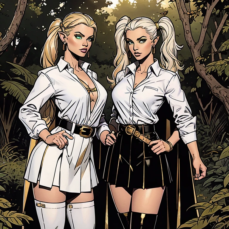 a female elf with green eyes and long white hair tied into two pigtails, wearing a black and white striped shirt, a white jacket with gold embellishments tucked into a matching skirt with a black belt, a short white and gold cape with a high collar, black pantyhose, and brown boots, with a pair of gold and red earrings, in a forest outdoor environment,(best quality,4k,8k,highres,masterpiece:1.2),ultra-detailed,(realistic,photorealistic,photo-realistic:1.37),extremely detailed face,eyes,lips,nose,high quality,anatomically perfect,twintails,earrings,white cape,striped shirt,white skirt,long sleeves,belt,holding employees,Freeze:Beyond the end of the journey