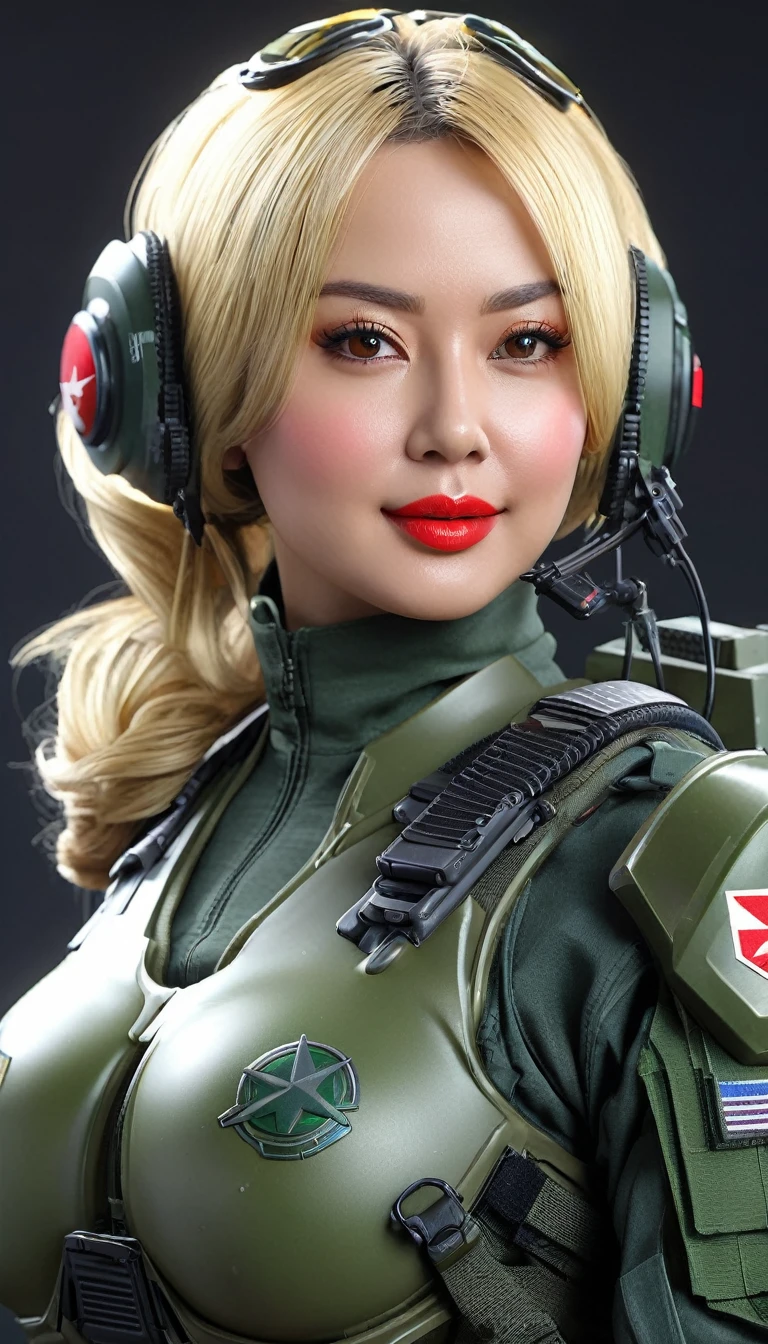 (((Hyper Real)))、(((Ultra-Futuristic Army Female Soldier)))、Beautiful Female Soldier　High resolution　Realistic　(((blonde mature)))、(((Big big boobs)))、Fine skin、超High resolution、Realistic、Plump figure、smile、Beautiful middle-aged woman、Beautiful female army soldier 、Beautiful brown eyes、Fluffy long hair、Very delicate and fine skin、３５Former Army soldier woman、(A very futuristic command center.)、Female Soldier、(((Big big cleavage)))、Bright red lips、(Wearing a combat suit)、