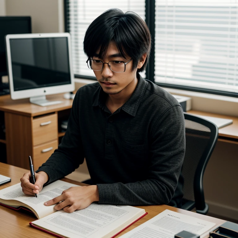 Canon RF85mmf/1.2,masterpiece,Highest quality,Ultra-high resolution,1 person, Asian,Oriental、Japanese、 short hair, male,40s、Black tabby glasses, company、office、Working at a desk、Geeky atmosphere、Timidly、Dark impression