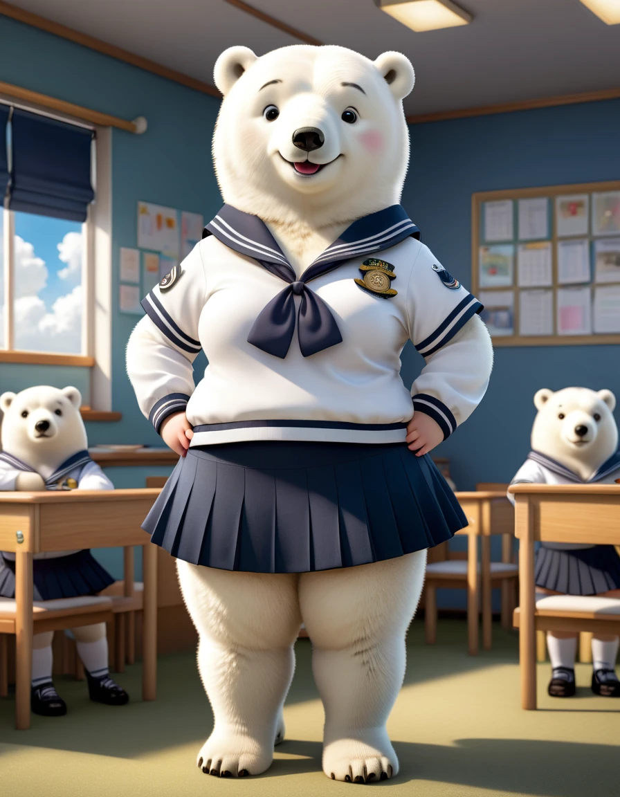 photorealistic portrait of Dressed animals-a ((fat))baby ((polar bear)) student,(furry), (elegant pose:1.5), (hands on hips:1.5),(smile:1.5),high quality,(),(lovely) ,intricate details, Wearing Japanese sailor uniform , (short skirt), highly detailed ((female sailor uniform)) ,highly detailed clothes, high sox , (happy), soft lighting,(full body image:2.0),in classroom background,clouds,score_9, score_8_up, score_7_up, score_6_up, score_5_up, score_4_up,
