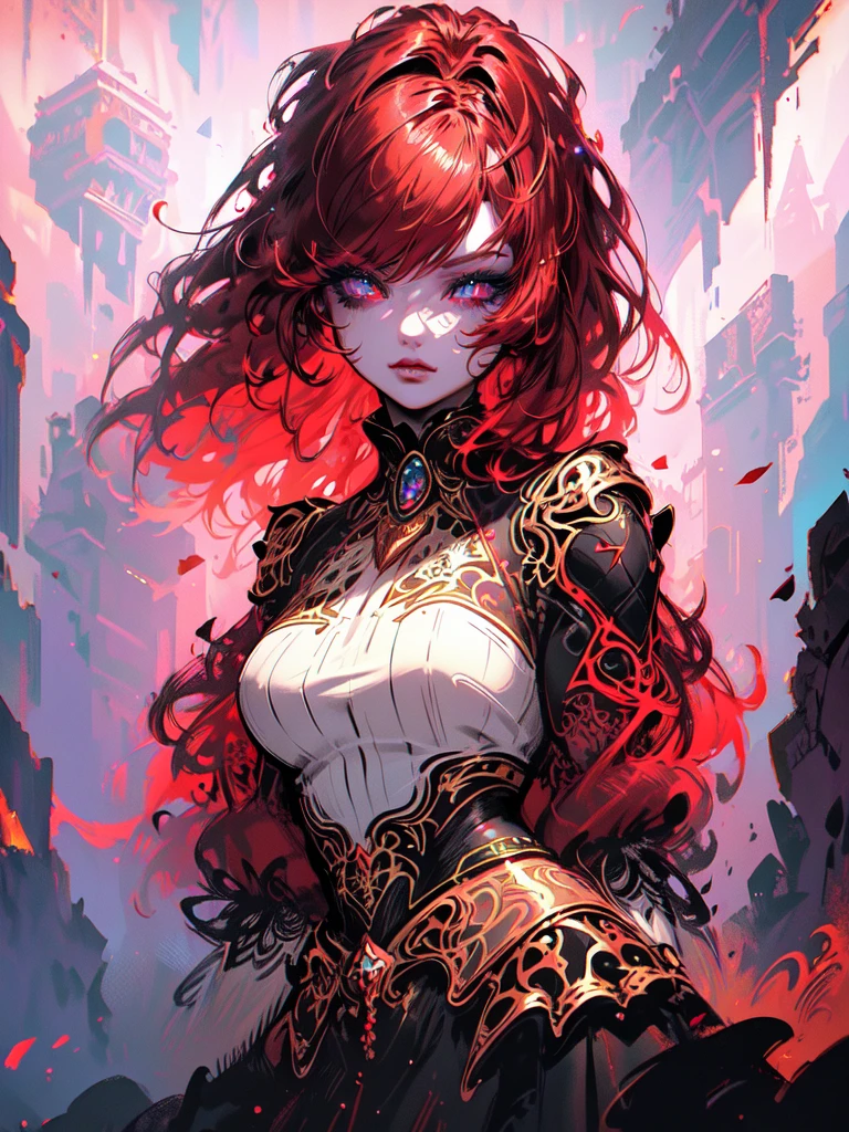 Red hair color,(masterpiece, best quality),(1 lady),(solo),(artstation),(dynamic),(charming),(magical),(unreal engine),(fantastically beautiful),(illustration),(dramatic lighting),(rave background),(neon glow),(maximalist),(extremely detailed eyes and face),(long eyelashes),(intricate details),(vibrant colors),(cinematic lighting),(fantasy portrait)