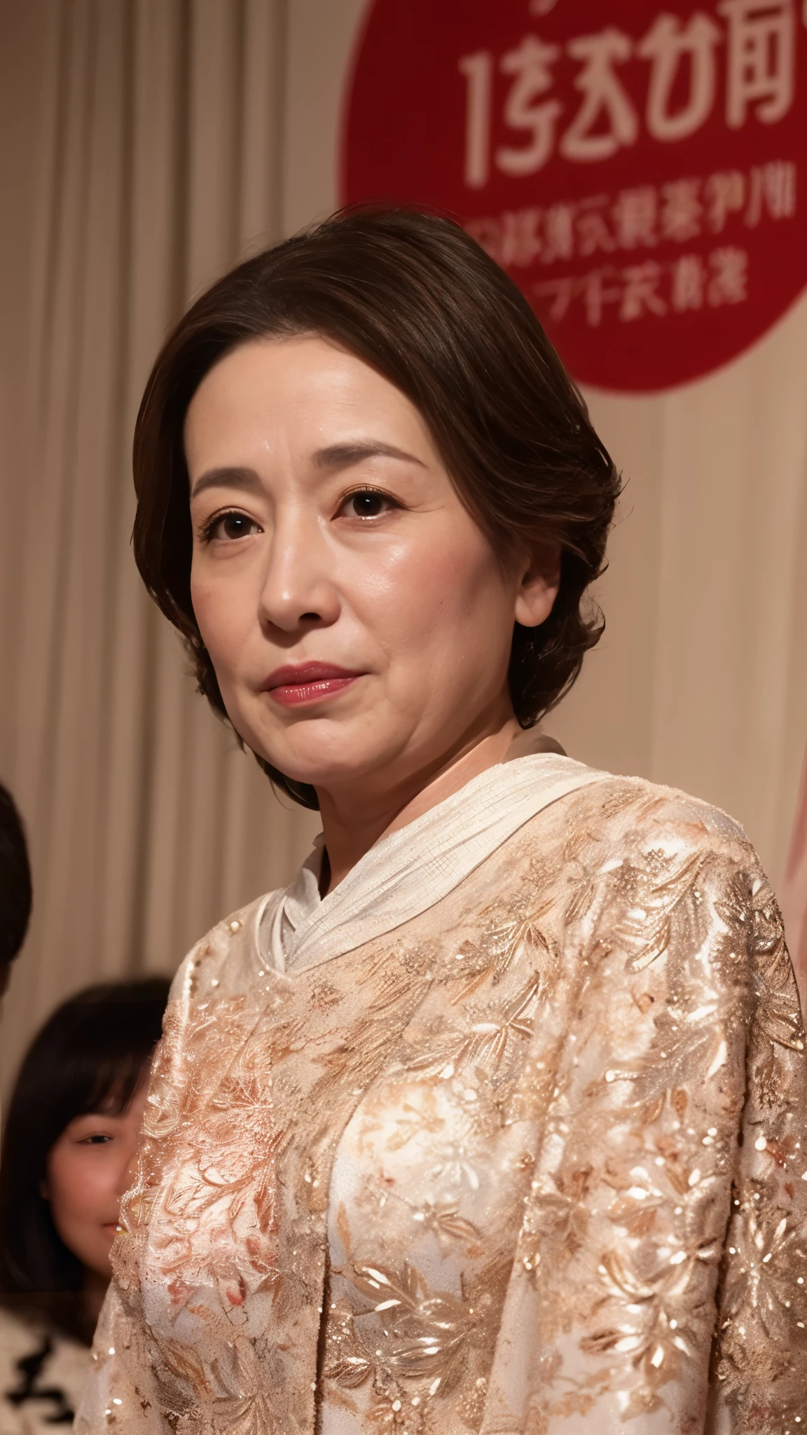 Standing in front of a gaudy wall, Kawase Hasui, Face close-up, Japanese painting, senior citizen, Draw lips correctly, Red lipstick, No discomfort, 16K, Highest quality, Very detailed, Realistic, Very detailed肌, (Japanese), (alone), 100 years old, Large Breasts, Mature female politician, Glamour, sexy, Chromo White Skin, Staring straight ahead,