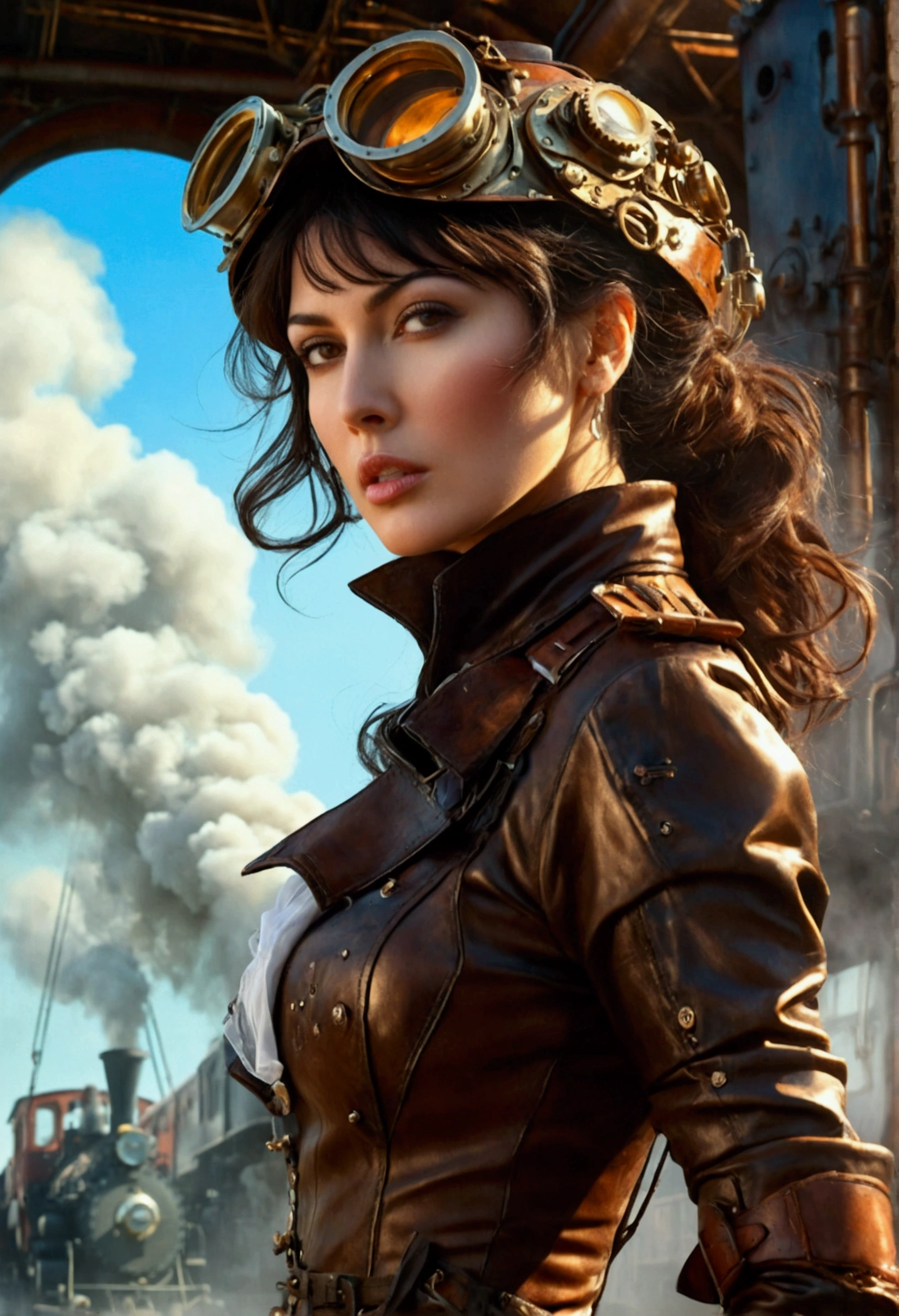 Monica Bellucci, Slender girl in tight leather suit,Weapon in hand,Leather Armor,Weapons in holsters on belts? steampunk, In the background of a steam locomotive, (Highest quality, 4K, High resolution, masterpiece:1.2), Super detailed, (Realistic, photoRealistic, photo-Realistic:1.37), Dark and mysterious atmosphere, Strong shadow and light contrast, Vibrant colors, Metallic texture, Complex gears and machine parts, Smoke and steam rising from the locomotive, Her face had a look of confidence and determination., A glimpse of adventure in her eyes, The small wrinkles and creases in her clothes, Durable, well-worn leather, A combination of Victorian fashion and futuristic elements, Industrial area with rusty metal structures, Sparks flying from the machine, Dense cityscape in the background, Towering skyscrapers and complex bridges, A sense of movement and energy in the air, A surreal fusion of past and future, A fascinating and enigmatic scene.