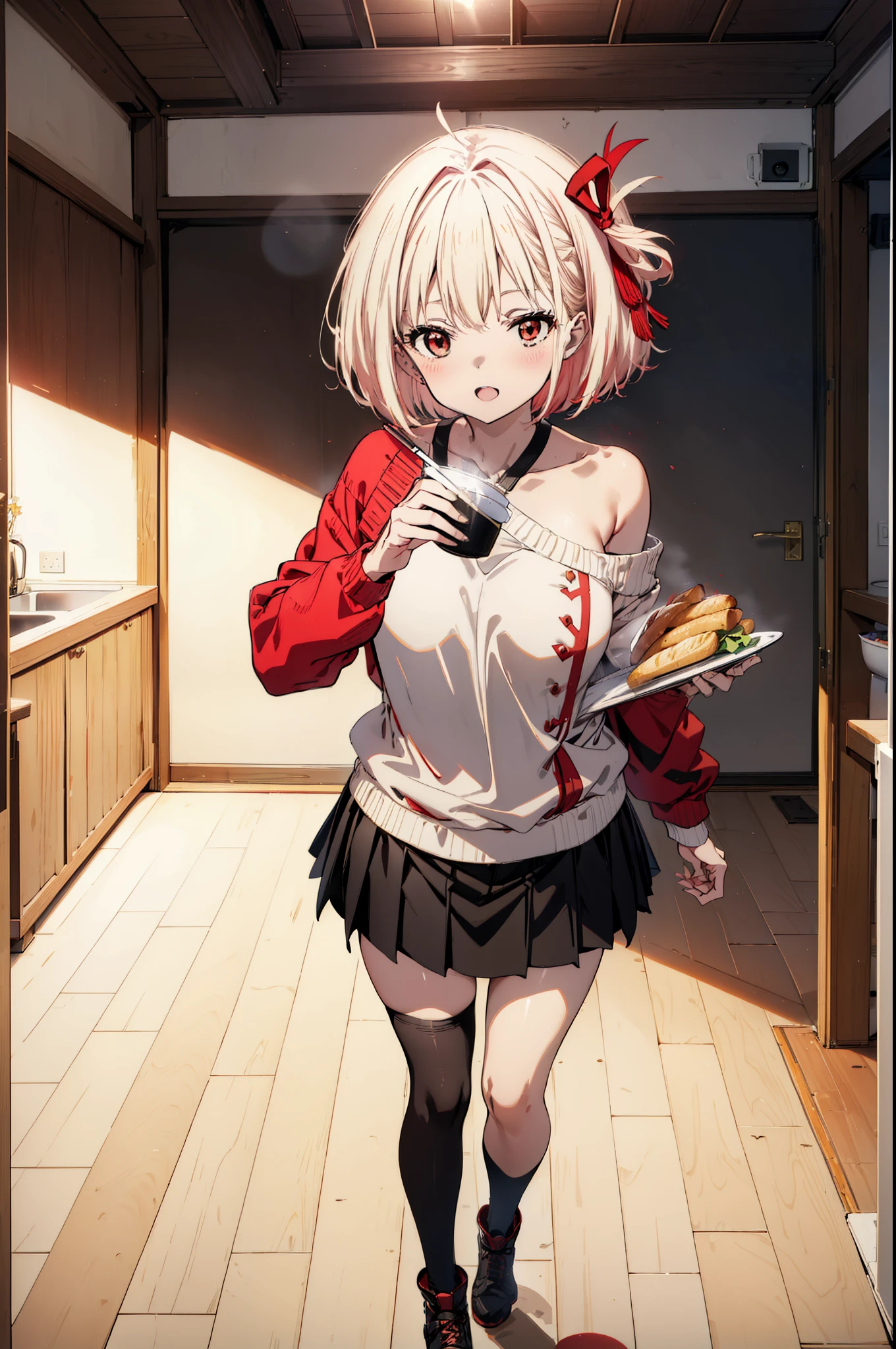 Chisato Nishikigi, short hair, bangs, Blonde, (Red eyes:1.5), hair ribbon, One side up, Bobcut,happy smile, smile, Open your mouth,Red one-shoulder sweater,mini skirt,black tights,short boots,There is food on the table,トレイ in one hand,Chair,Walking,whole bodyがイラストに入るように,
break indoors,School,canteen,
break looking at viewer, whole body,
break (masterpiece:1.2), Highest quality, High resolution, unity 8k wallpaper, (figure:0.8), (Beautiful attention to detail:1.6), Highly detailed face, Perfect lighting, Highly detailed CG, (Perfect hands, Perfect Anatomy),