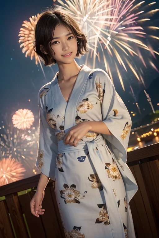 masterpiece, best quality, ultra quality, high quality, realistic, photo realistic, warm lighting,natural lighting,cinematic lighting,RAW photo, hyper detailed, intricate detailed, perfect anatomy, Fujifilm XT3,(cowboy shot),1 woman, Japanese beautiful woman,babyface,(brown very short Bobcut hairy over one eye,
((wearing flower patterned yukata, obi)),(small breasts:1.2),(slender body:1.2),sweaty, closed mouth, tan skin,sunburn tanline,smile,brown eyes,looking at viewer,(park),(night),((fireworks)), (medium shot),from head to knee shot,standing,