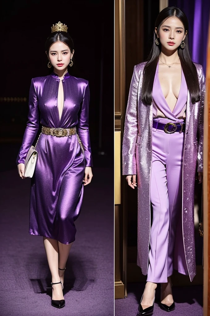 Purple with gold:The combination of purple and gold is very luxurious and shocking,Suitable for creating a high-end look。You can choose a purple dress or top,With a golden jacket、Trousers or accessories,Such as handbags、Belt or shoes,Showing elegance and luxury。
