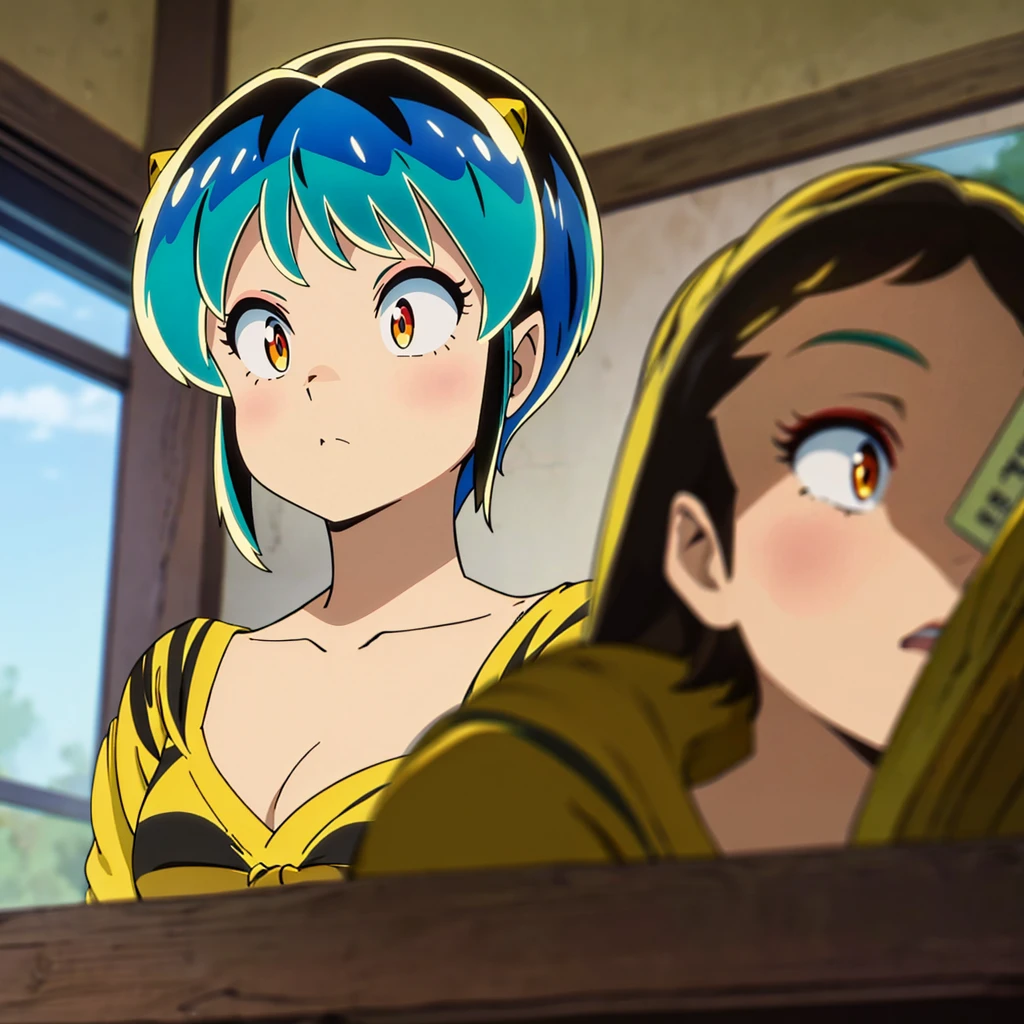 masterpiece, Highest quality, 1 Girl, Lum, 比基尼, anime, Short Hair, Face close-up, Looking down, I despise, Disgust, High definition, Squint your eyes
