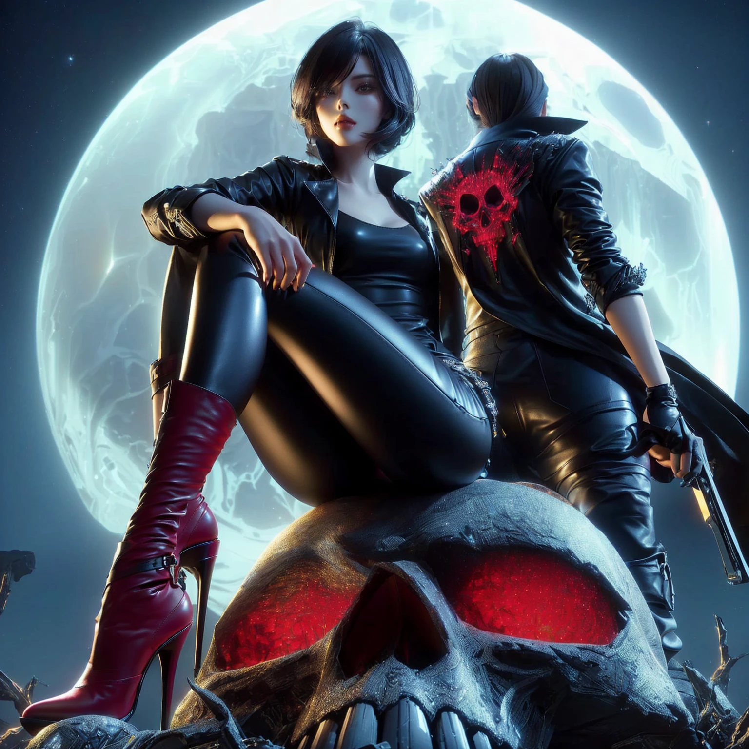 Beautiful woman in tight black leather outfit , realistically , Beautiful red high-heeled shoes , sitting on skull , black hair